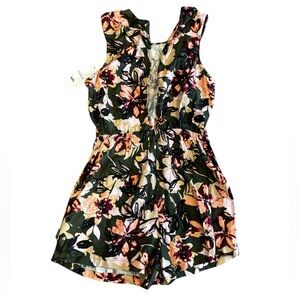 RVCA Floral Print Sleeveless Romper Olive Green & Blush Pink NWT